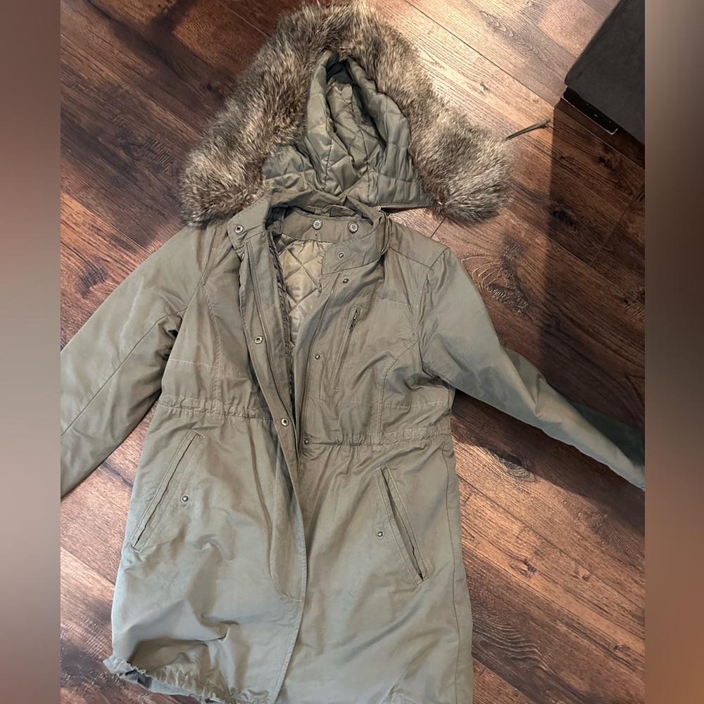 Women's green French connection Parka with Faux Fur Hood